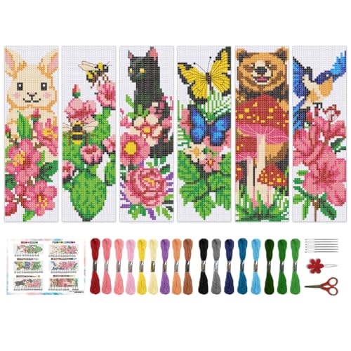 Image of BEUNITONE 6 PCS Cross Stitch Bookmark Kit for Adults Beginners,Animal and Floral Pre-Printed Cross Stitch,DIY Stamped Embroidery Bookmark Kits,with Instructions,Craft Kit for Book Lovers 8.5''x3''