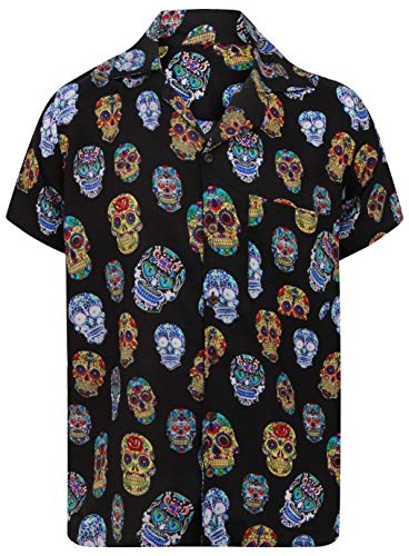 OE Menswear Sugar Skull Hawaiian Shirt Day of The Dead Casual Loud Halloween Shirt S-XXL (Small Black)