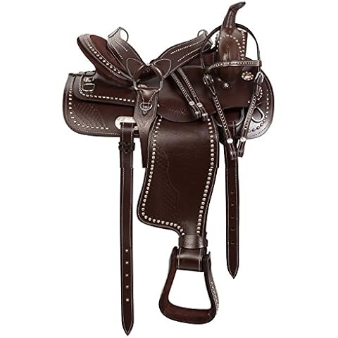 Manaal Enterprises Pony & Adult Classic Quality Premium Leather Comfort Western Barrel Racing Trail Equestrian Horse Saddle, Headstall, Breast Collar & REINS,Size 10 to 18 (10, Saddle_05) Cover