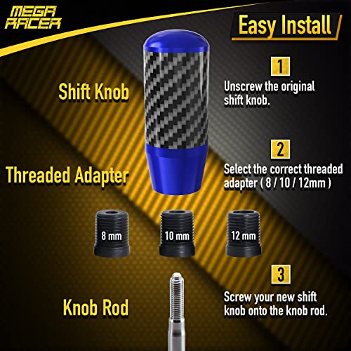 Mega Racer 100% Real Carbon Fiber & Blue Aluminum Shift Knob - For Buttonless Automatic And 4, 5, 6 Speed Manual Transmission Vehicles, Black Carbon Fiber Grip With Navy Top & Bottom, 1 Piece #TOP4