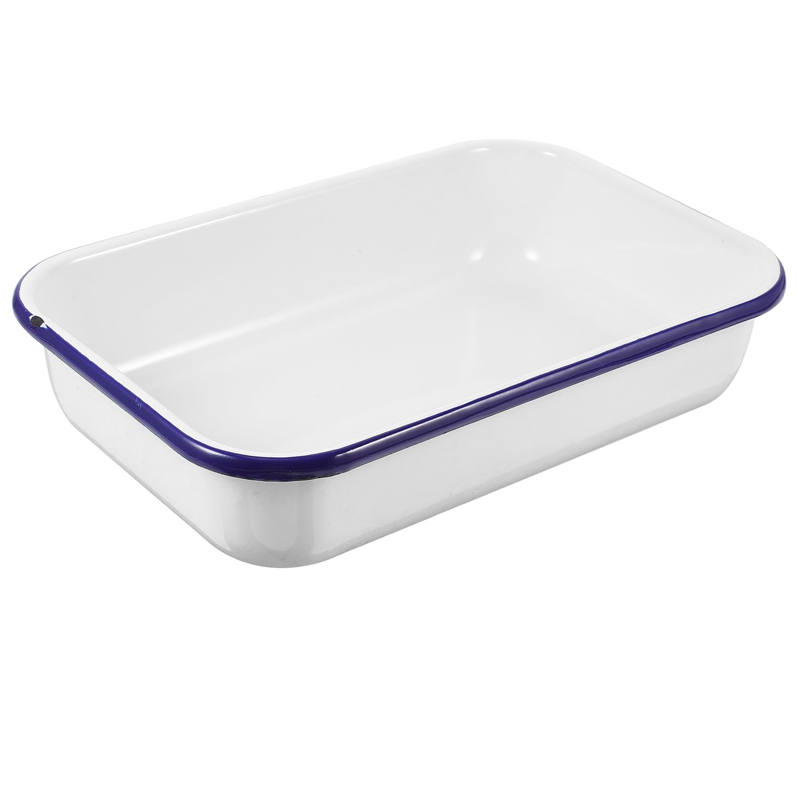 Cabilock Enamelware Collection Rectangular Enamel Baking Sheet White Serving Tray with Blue Rim Cookie Pan Butcher Tray Dish 19X28cm for Home Kitchen