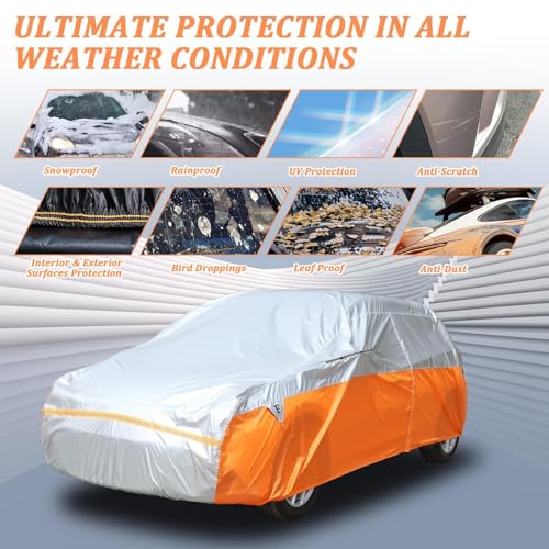 Image of Tecoom Car Cover for Automobiles, Weatherproof Full Exterior Covers, Universal Car Tarp Covers w /Detachable Gust Straps for Toyota Corolla Ford Focus Chevrolet Sonic, Fit 160 inch-172 inch Hatchback