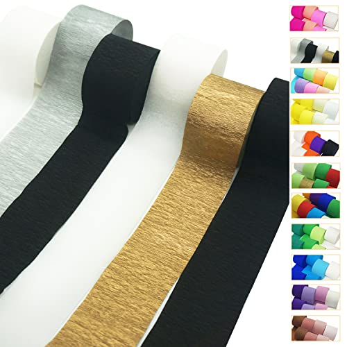 White Black Gold Silver Crepe Paper Streamers 6 Rolls For Party Streamers Decorations Birthday Wedding Baby Bridal Shower Backdrop Craft Supplies (1.8 Inch X 82 Ft/Roll，492Ft) #TOP26