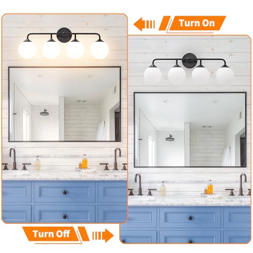 Image of 4-Lights Black Vanity Lights with Milky White Globe Glass Shade, Industrial Bathroom Wall Sconces Light over Mirror, Vanity Lighting Fixture for Bathroom Dressing Table Bedroom Living Room