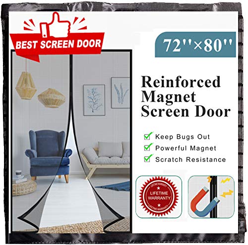 [Upgraded] Reinforced Magnetic Screen Door 72x80 Inches, Mkicesky Fiberglass Mesh Curtain with Self Sealing, Hands Free, Super Magnets Net for Door, Pets Kids Friendly, Fit Doors Up to 70