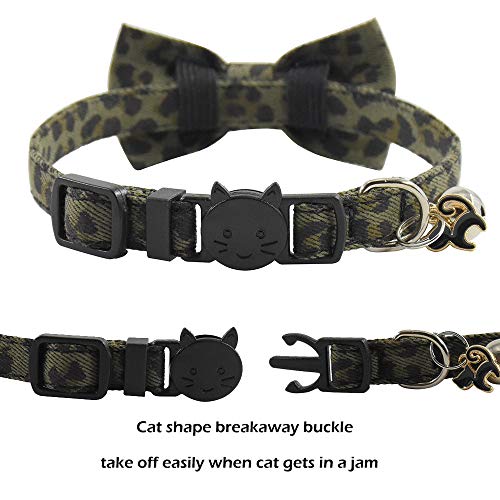 Image of Pipidog Cat Collar Breakaway with Bell and Accessories, Leopard Kitten Collar Bowtie for Kitty 20 Colors Adjustable 7.5-11in (Green Leopard)