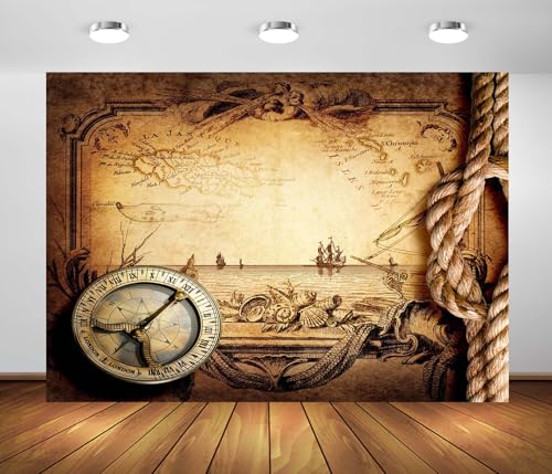BELECO 1.5x1m Fondo Mapa Marítimo Vintage con Brújula, Antigua Carta de Navegación y Cuerda, Decoración Fiestas Piratas y Día de Colón