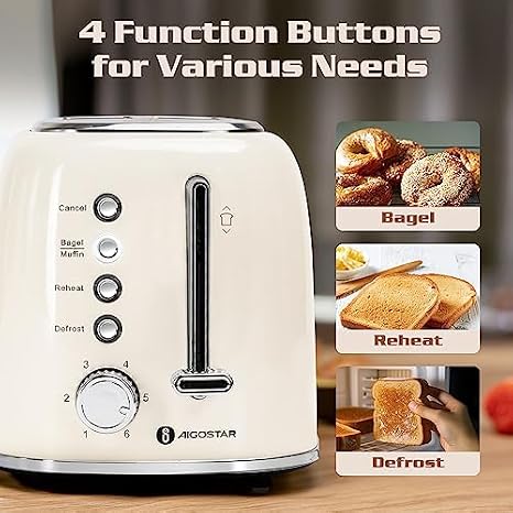 Aigostar Toaster 2 Slice, Retro Extra-Wide Slot Toasters and Small Electric Kettle, 1L Portable Electric Tea Kettle 1100W