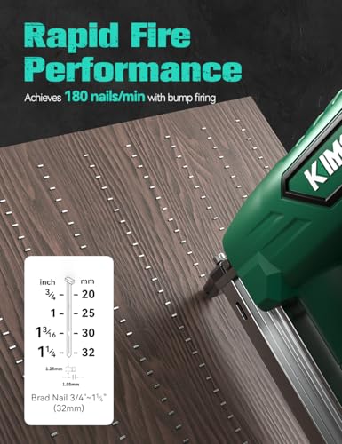 Image of KIMO Brushless Brad Nailer Cordless 18 Gauge Nail Gun with 5000PCS Nails | 2 Firing Modes,180 Nails /min, Adjustable Depth, 3‑Layer Safety Lock, LED Light, 2*12V 2.0Ah Battery & 1H Fast Charger for DIY
