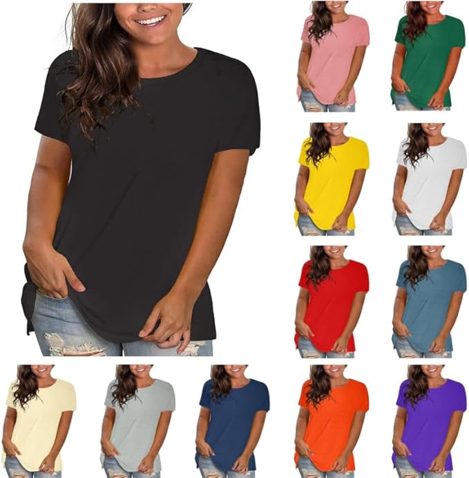 Womens Basic Short Sleeve T Shirts Casual Solid Color Crewneck Summer Tops Loose Lightweight Soft Blouse