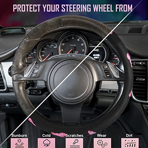 Car Pass Pink Embroidery Butterfly Steering Wheel Cover, Universal 15 Inch Car Wheel Cover for Women Girls, Fit for Suvs,Small Trucks,Sedans,Cars (Black and Pink) by CAR PASS - Image 2