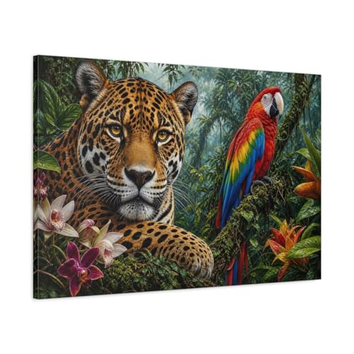 Toile jaguar et ara déco salon rustique grand tableau horizontal