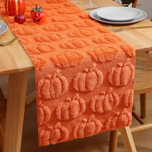 Kashyke Camino de mesa de calabaza de otoño, suave felpa de terciopelo de piel sintética, jacquard, calabazas, camino de mesa otoñal, moderno, decoración de mesa de cocina, decoración de interior