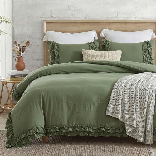 Avocado Green Duvet Cover King Ruffled Bedding Set Pleated Ruffle