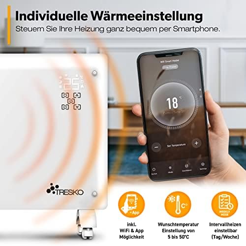 TRESKO® Szklany konwektor, aplikacja WiFi, ogrzewanie elektryczne, ogrzewanie szklane, grzejnik konwektorowy, grzejnik LED i timer, grzejnik elektryczny, ogrzewanie stojące lub ścienne