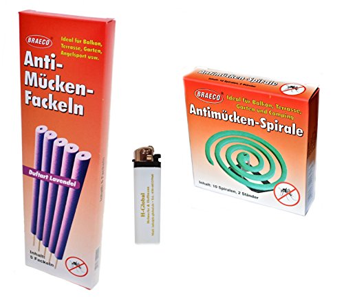 Preisvergleich Produktbild Helmecke & Hoffmann * Antimückenspiralen + Fackeln (mit Lavendelduft) Mückenabwehr Insektenabwehr Mückenschutz + Feuerzeug