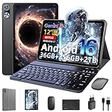12 Zoll Tablet mit Tastatur, Android 16 mit Gemini AI, 36GB RAM + 256GB ROM (2TB TF) 2000*1200 FHD 90Hz Display, Unisoc T7250 Octa-Core, 8MP+20MP Duale Kamera, Face ID, Widevine L1, 9000mAh, GPS(Grau)
