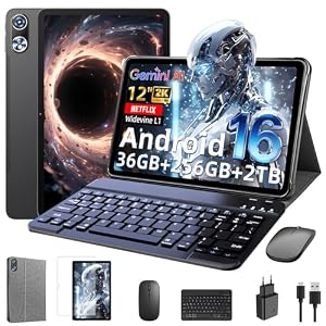 Raemond 12 Zoll Tablet mit Tastatur, Android 16 mit Gemini AI, 36GB RAM + 256GB ROM (2TB TF) 2000 * 1200 FHD 90Hz Display, Unisoc T7250 Octa-Core, 8MP+20MP Duale Kamera, Face ID, (Grau)