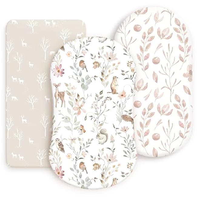 GRSSDER Stretchy Ultra Soft Fitted Bassinet Sheets 3 Pack, Universal Fit for Baby Cradle Moses Basket Oval Rectangle Mattress Safe and Snug, Beautiful Blush Pink Floral Bassinet Sheet for Girls