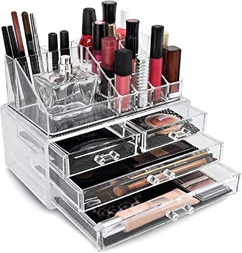 VIO® 4 Drawer & 16 Compartment Acrylic Cosmetics Makeup Organizer Box Jewelry Stand. Luxury Countertop Open Storage Bathroom Vanity Decorative Dresser Tray for Cosmetics Lipstick Skincare