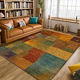 Patchwork Area Rug, Bohemian Vintage Floral Geometric Fall Amber Non-Slip Indoor Rectangle Carpet Non Shedding Rugs for Living Room Bedroom Hallway Desk Office Decor 5' X 7'