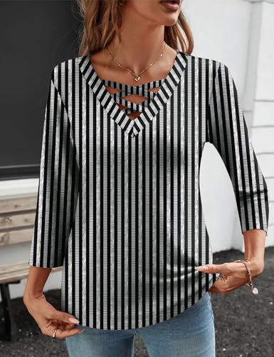 Rapbin Women Blouses Dressy Casual Summer Tops 3/4 Length Sleeve Womens T Shirts V Neck Criss Cross Tees4