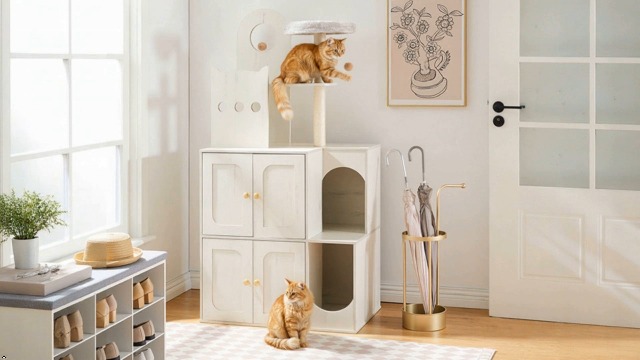 Mueble Casa y Caja de Arena para Gatos HOOBRO Blanco miniatura 7