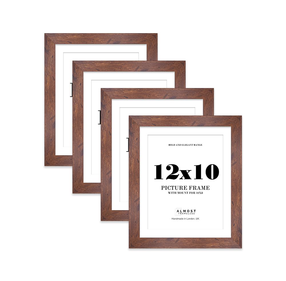 12x10 Rustic Wood Frame With Mount for 10x8 Pictures 28mm Edge Portrait and Landscape Display with Wall Hooks and Kickstand, 4 Pack