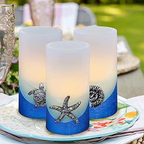 Image of Blue Flameless Candles, Nautical Themed Starfish, Conch, Seahorse Flickering Flameless Candles with Timer, Remote Set of 3 Pillar Led Candles for Wedding,Bedroom,Party,Gift