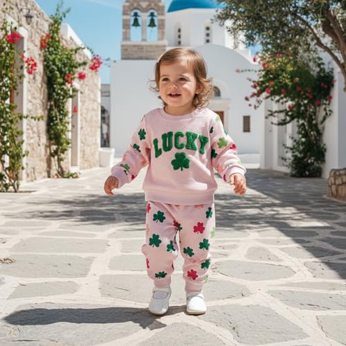 Image of Toddler Baby Boy Girl St Patricks Day Outfit Lucky Embroidery Waffle Long Sleeve Sweatshirt Pants Spring Clothes Set