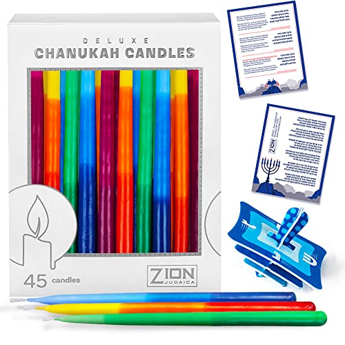 Deluxe Dripless Hanukkah Candles Standard Size - 45 Exciting Tri Color Decorative Candles Quality Chanukah Menorah Candle Set with DIY Dreidel, Prayer Card, for Eight Nights of Hanukah - Zion Judaica