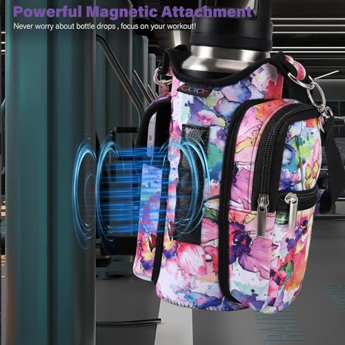 Image of icolor Magnetic Water Bottle Holder Gym Bottle Carrier Bag with Phone Pockets & Gym Accessories Organizer for Men Women,5 Magnets Gym Phone Bag Pouch Sleeve with handle Shoulder Strap (Color-Flower)