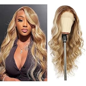 Sapphirewigs Blonde Perücke Lace Front Perücke Highlight Synthetische Wellige Balayage Haare Damen Party Date Täglich Tragen Natürlich aussehende Weihnachten 26inch