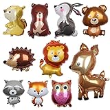 10 Stück Folienballons, Waldtierballons, Hirsch, Hase, Löwe, Waschbär, Igel, Fuchs, Ballons, Riesenballons, Heliumballons, perfekt für Kindergeburtstagsfeier, Dschungelparty-Dekoration