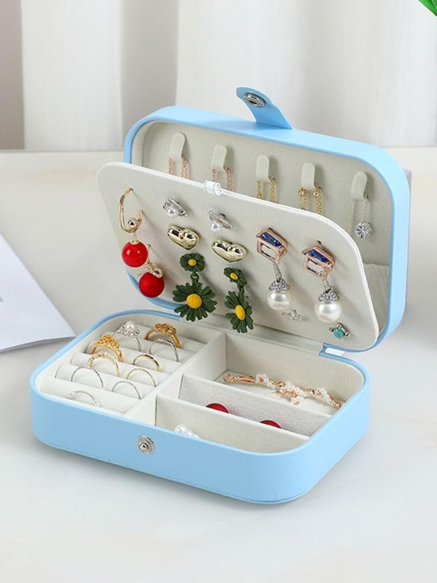 Portable Travel Jewellery Box, Light Blue Multi-Compartment Case