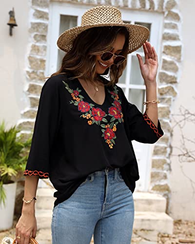 Ak Women's Boho Embroidered Tops 3/4 Sleeve Mexican Peasant Shirts Bohemian Loose Tunic Blouses #TOP2