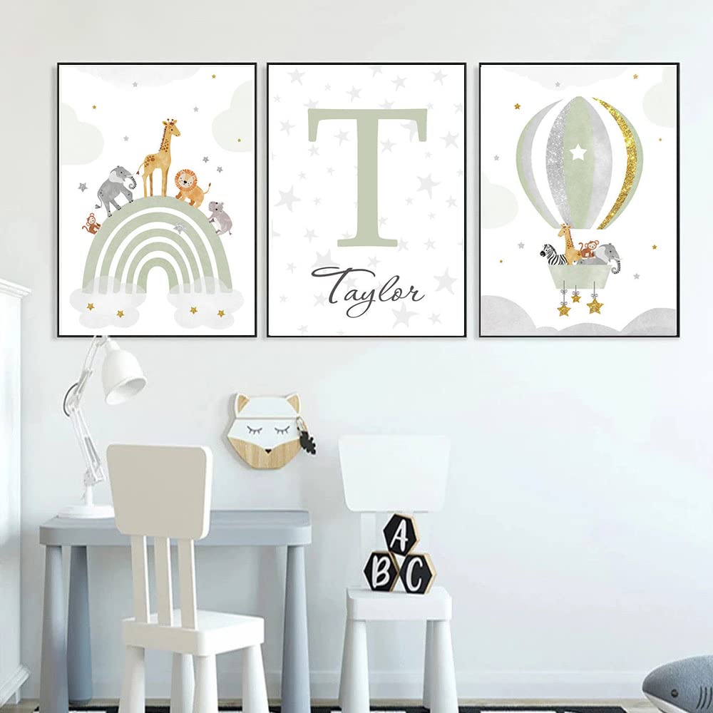 3 Laminas Animales Infantil Arco Iris Globo Aerostático Poster Nombre Bebe Boho Verde 30 x 40 León Jirafa Elefante Cuadro Personalizado Niño Niña Decoración Pared Regalo sin Marco (YHH018-30x40cm)