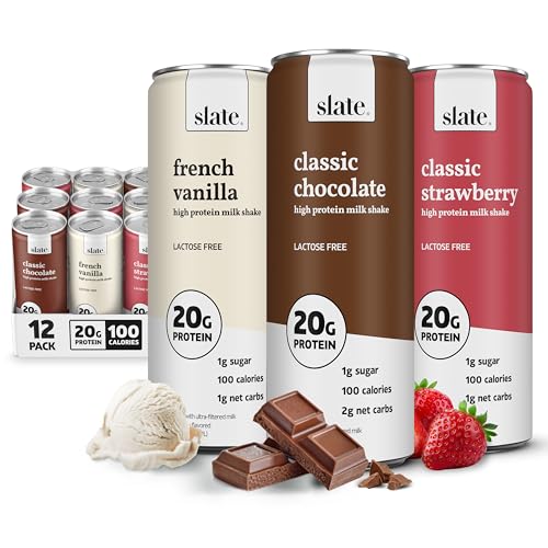 Image of Slate Milk - High Protein Milk Shakes -Neapolitan Variety Pack -Classic Chocolate, Classic Strawberry, French Vanilla -Lactose Free, 20g Protein,1g Sugar,100 Calories,1-2g Net Carbs -11 fl oz,12 Cans