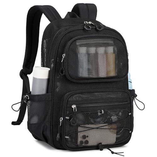 Mesh Backpack, Heavy Duty See Through Backpack Ultra-Lightweight Net Bookbag Breathable Transparent Bookbag for School Beach Sports Gym Travel, Black