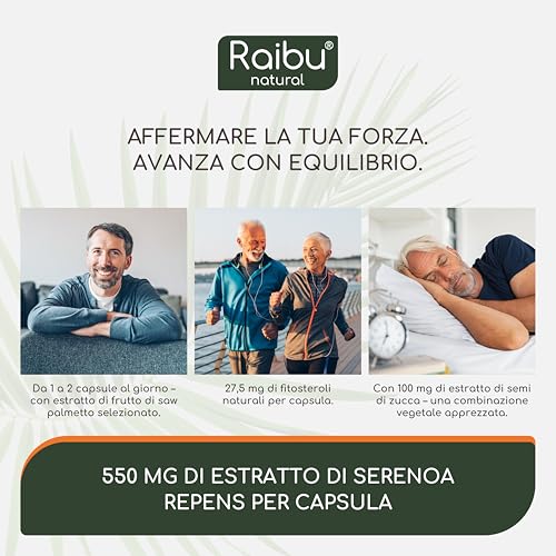 Serenoa Repens - 550 mg Per Capsula (4 Mesi di Fornitura) - Saw Palmetto (Serenoa Repens) con Semi di Zucca, Integratore per la Prostata - 120 Vegan Capsule, Senza additivi - Raibu - 2