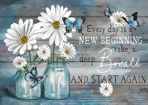 5D Diamond Painting Bilder Margeriten mit Schmetterlingen, DIY Diamantmalerei Set für Erwachsene Anfänger, Diamant Painting Blumen Wanddekoration mit inspirierendem Spruch, Diamond Art Kit 30x40 cm