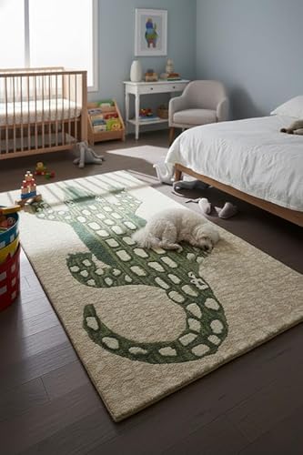 Hand-Tufted Wool Area Rug - Playful Alligator Design (6x9 Ft) - Soft & Plush Texture - Beige and Green - Luxury Accent Rug for Bedroom, Living Room, Nursery, and Playroom