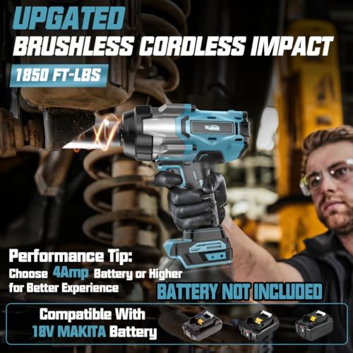 Image of Cordless Impact Wrench 3 /4 inch Compatible with Makita 18V Battery, 1850Ft-lbs(2500N.m) High Torque Impact Gun Heavy Duty, Brushless Electric Power Impact Driver with 4 Speed Modes & LED Work Light