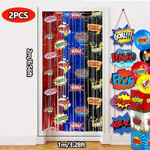 Image of Hero Foil Fringe Curtains Backdrop Birthday Party Decorations, 2 Pack 3.28 x 6.56 Ft Red Blue Black Foil Fringe Curtain Tinsel Streamer Photo Booth Props Hero Birthday Party Supplies Favors