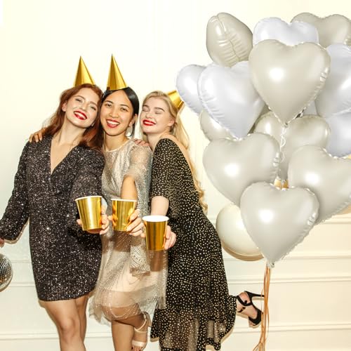 Image of Biapian Cream Heart Balloons, 18 Inch Sand White Heart Shape Balloons Foil, 10 Pcs Beige Heart Balloons and White Foil Balloons Helium for Valentines Day Boho Birthday Wedding Baby Shower Decorations