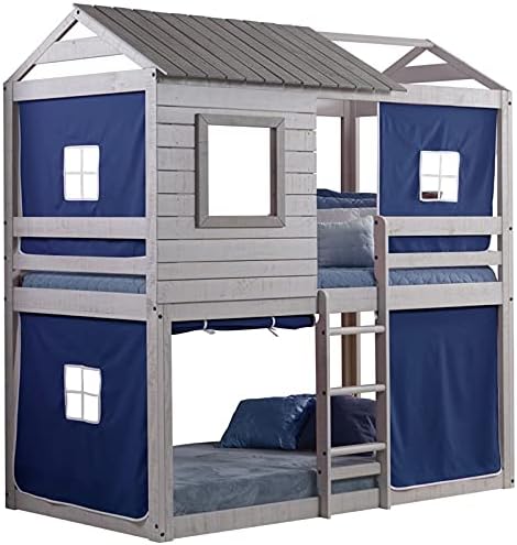 Donco Kids Deer Blind Cabin Twin Over Twin Rustic Light Grey Bunkbed with Blue Tent