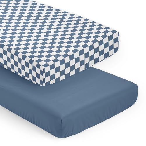 Image of Sweet Jojo Designs 2-Piece Baby Crib Sheets Set (Blue Gingham Checkered Plaid) for Boys, Infant Nursery, Toddler Room - Fitted, Standard Size (Solid Color Steel & Vintage, Classic Checkerboard, Retro)