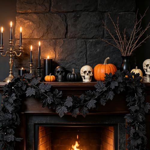 2Pack 5.9FT Artificial Autumn Halloween Garland with Black Maple Leaf (Black) - image 2