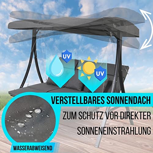 Schauer Hollywoodschaukel 3-Sitzer inkl Bettfunktion - Gartenschaukel Liegeschaukel 250 kg belastbar zum Sitzen & Liegen - Gartenliege Schaukelbank mit Dach & Kissen für Garten & Terrasse Schwarz/Grau – Bild 4