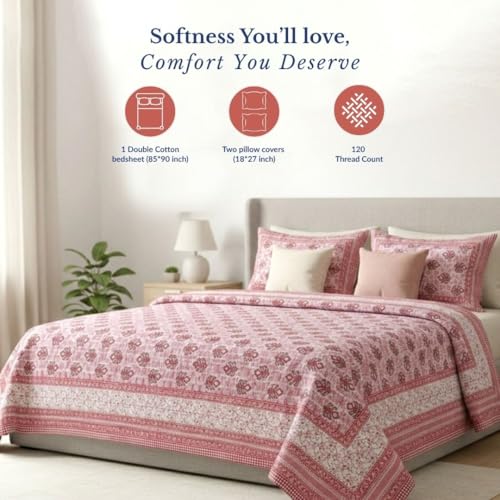 Image of Jaipur Weaves Jaipuri Double Bed Cotton Bedsheet Queen Size 90x85, 120 TC 100% Pure Cotton Bed Sheet with 2 Pillow Covers, Floral Traditional Print (Pink Buta, Double)